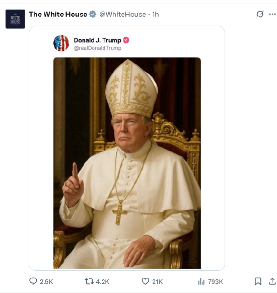 特朗普发自己身穿教皇服图片，白宫竟转发  第1张