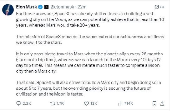 马斯克称有望10年内在月球上建造城市，而火星则需要20年以上  第1张